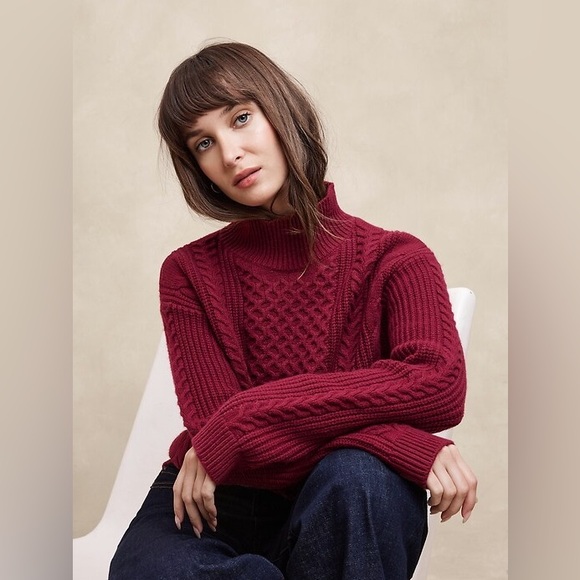 Banana Republic Factory Sweaters - New Banana Republic Burgundy Turtleneck Cable Knit Sweater Wool  XXL Fisherman